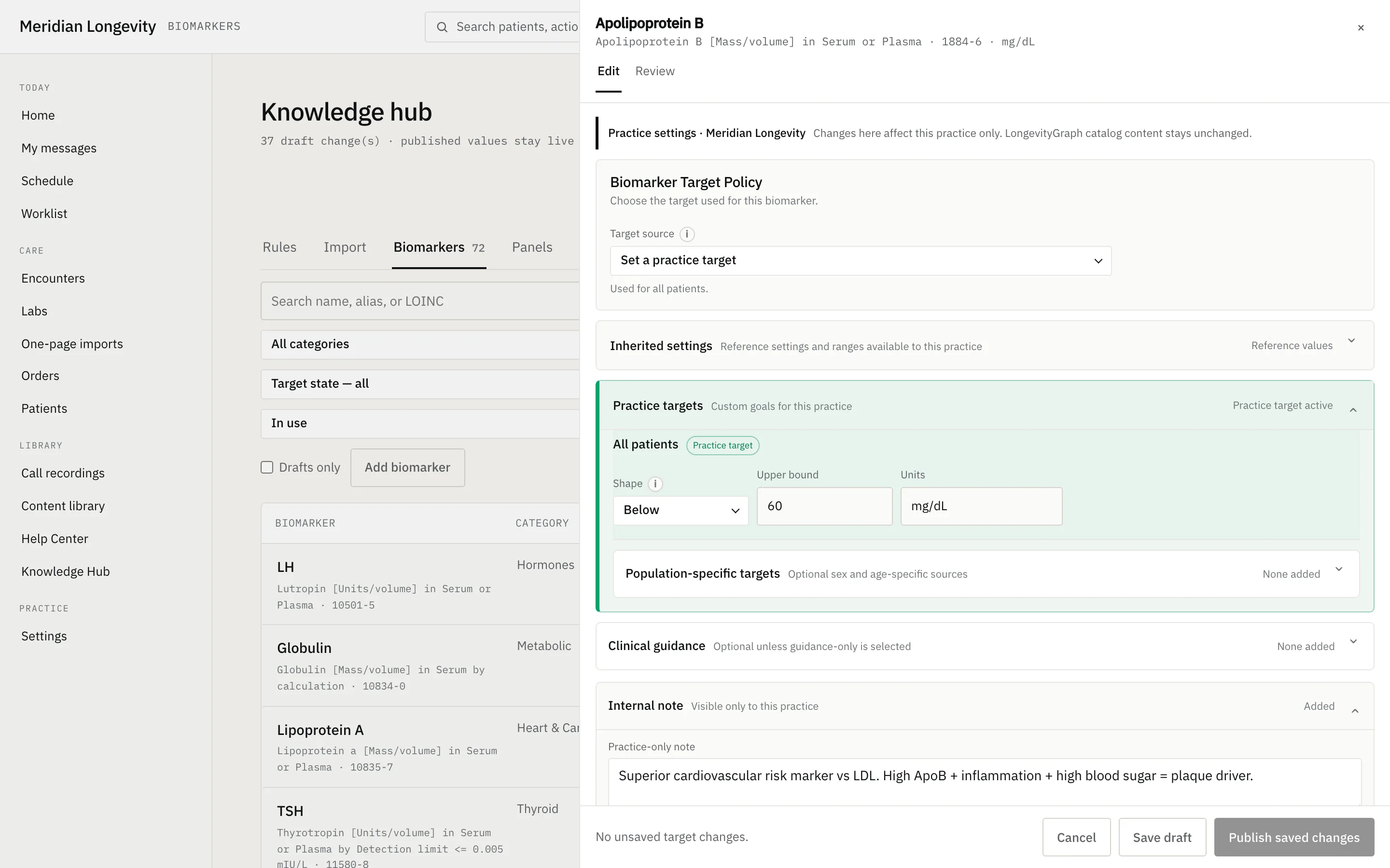 ApoB biomarker settings in the Knowledge Hub with a practice target of below 60 mg/dL for all patients.