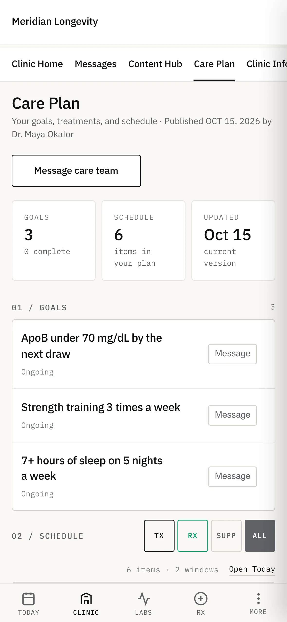 Patient app care plan published by the physician, with three goals and a six-item schedule.