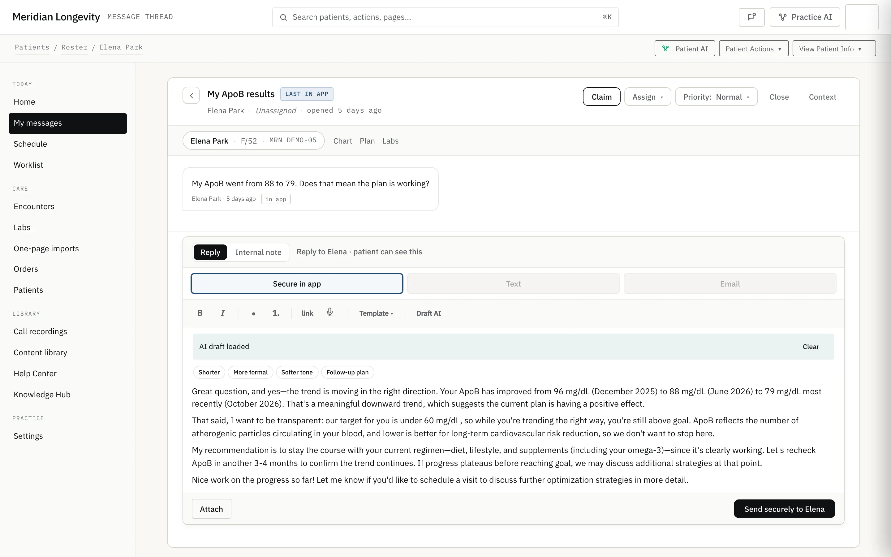Patient message thread with an unsent AI reply draft, in separate paragraphs, that compares the patient's ApoB of 79 mg/dL with the practice target of under 60.
