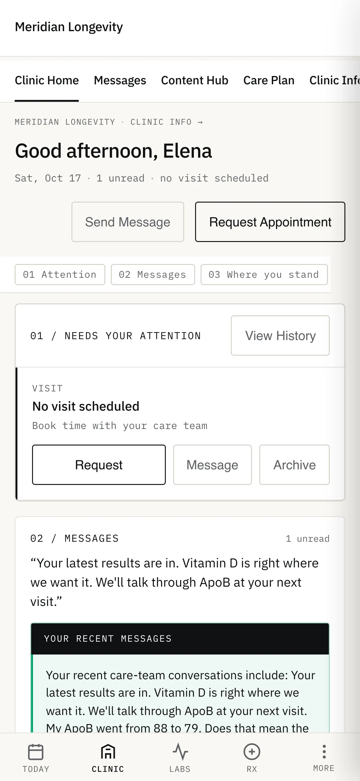 Patient app home with a greeting, items needing attention and the latest message from the care team.