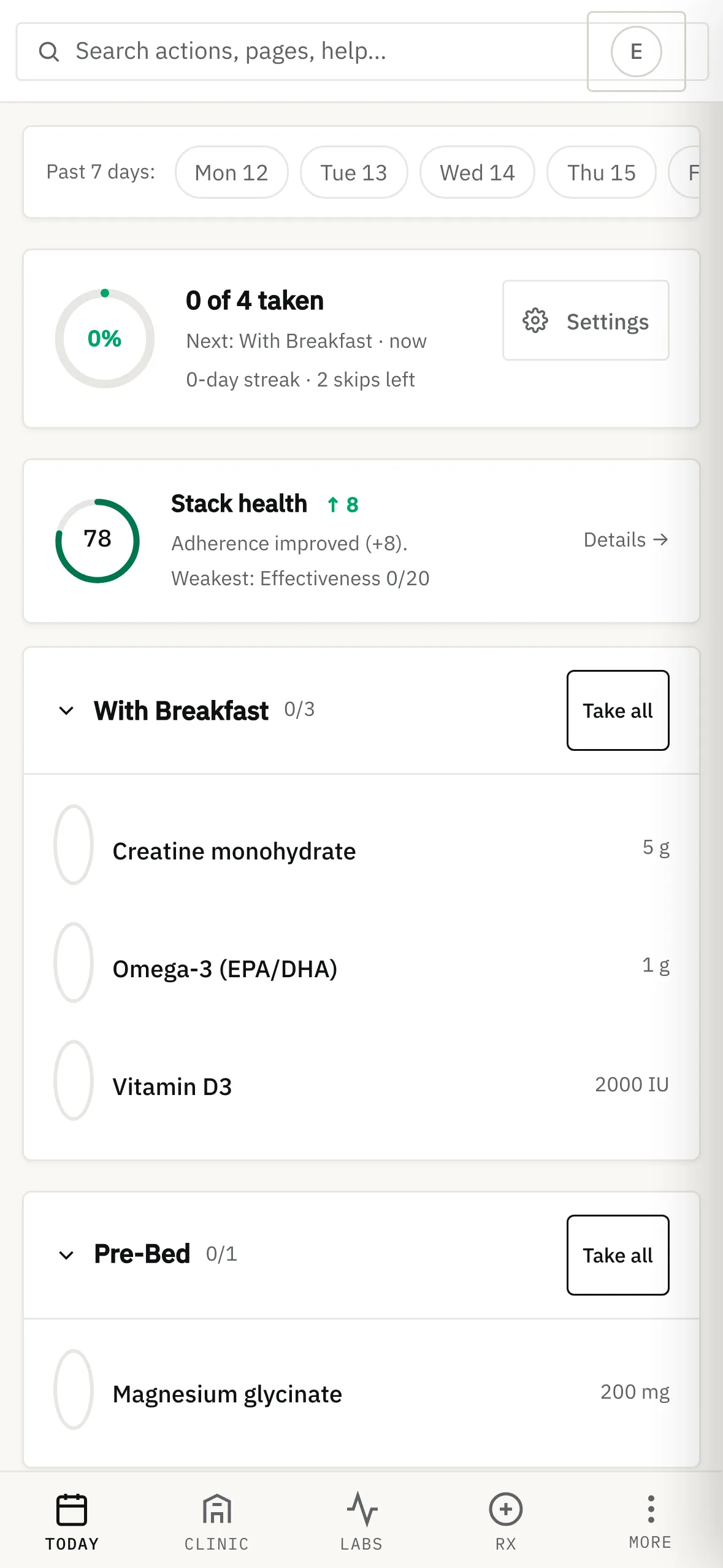 Patient app Today view with the morning and bedtime supplement schedule and a Stack health score of 78 with improving adherence.